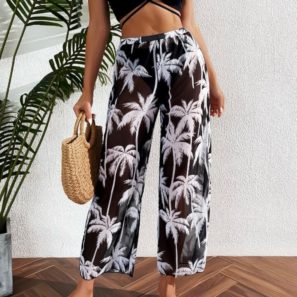 Black and White Palm Print Swim Coverup Pants